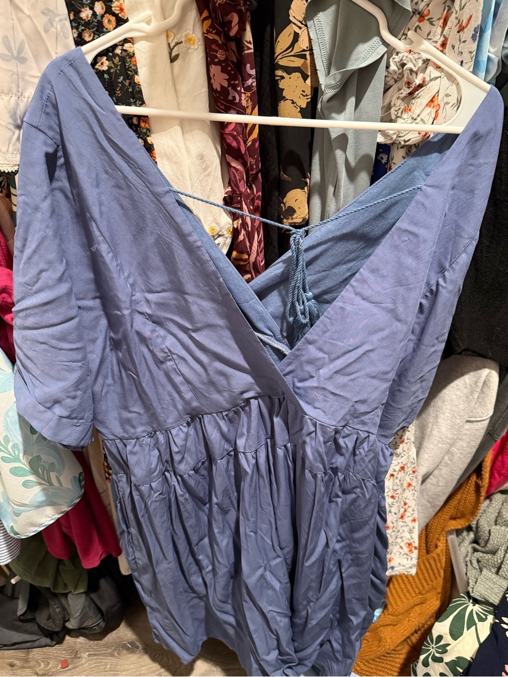 Blue V-Neck Short Sleeve Women's Dress